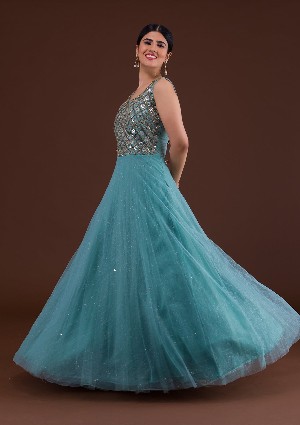 Sea Green Mirrorwork Net Gown-Koskii