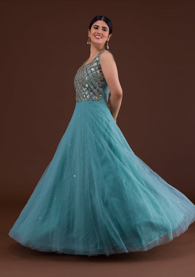 Sea Green Mirrorwork Net Gown-Koskii