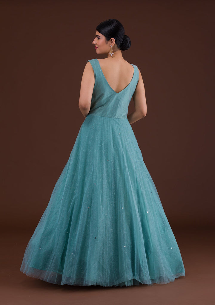 Sea Green Mirrorwork Net Gown-Koskii