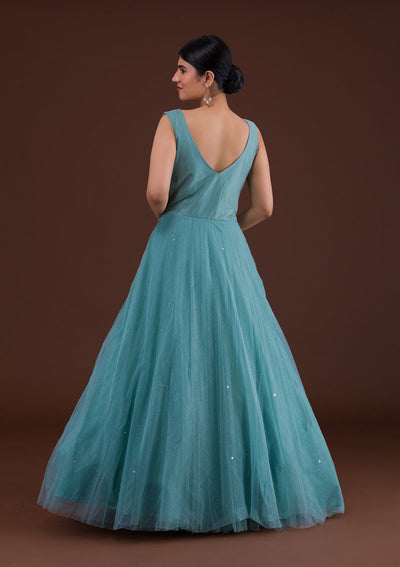 Sea Green Mirrorwork Net Gown-Koskii
