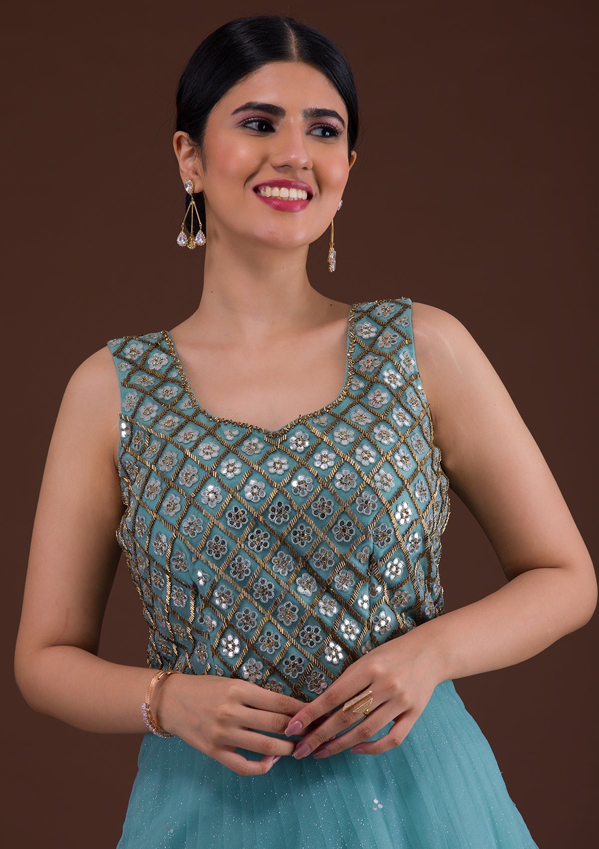 Sea Green Mirrorwork Net Gown-Koskii