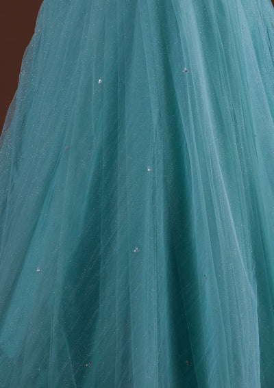 Sea Green Mirrorwork Net Gown-Koskii