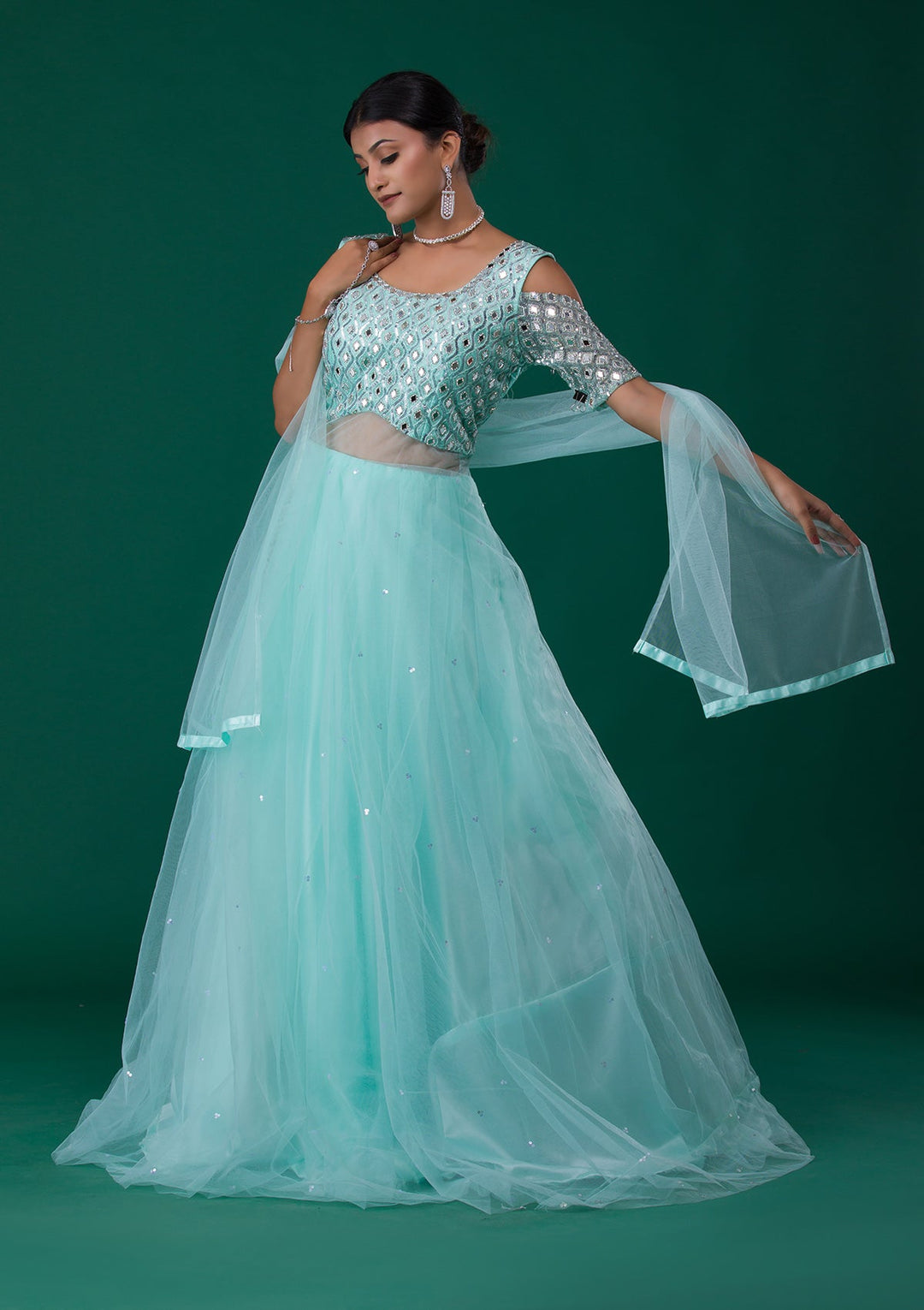 Sea Green Mirrorwork Net Designer Gown-Koskii