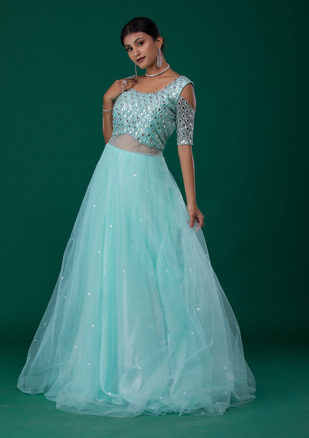 Sea Green Mirrorwork Net Designer Gown-Koskii
