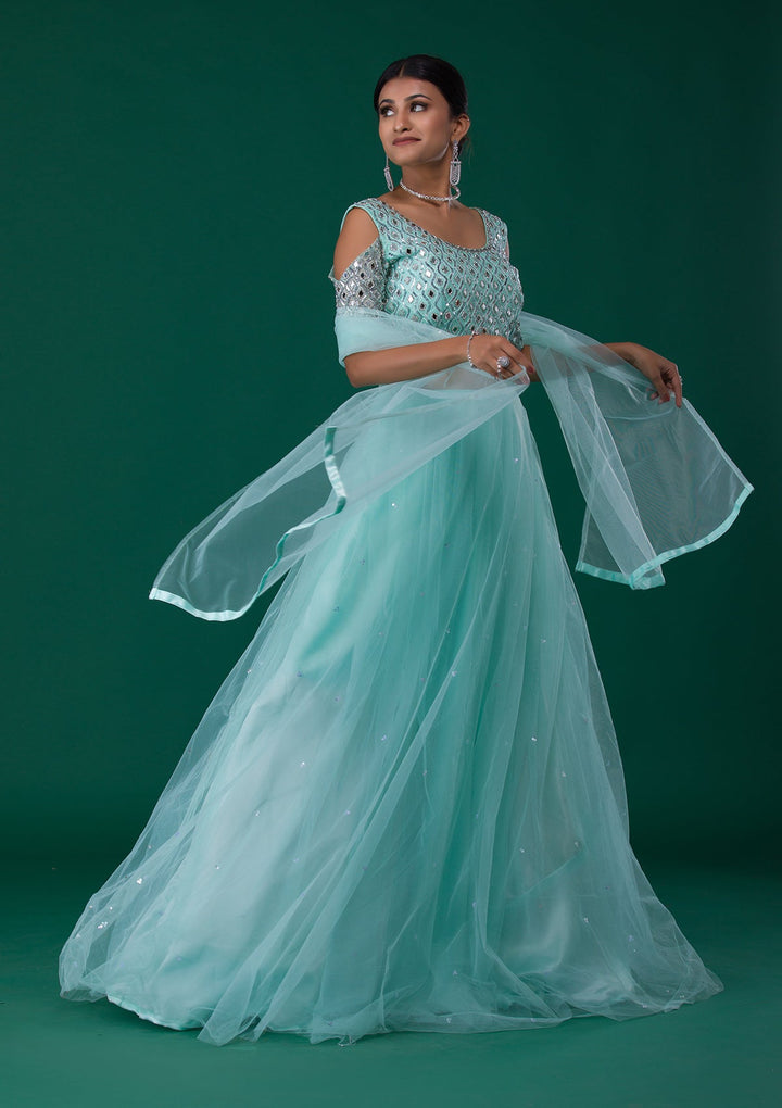 Sea Green Mirrorwork Net Designer Gown-Koskii