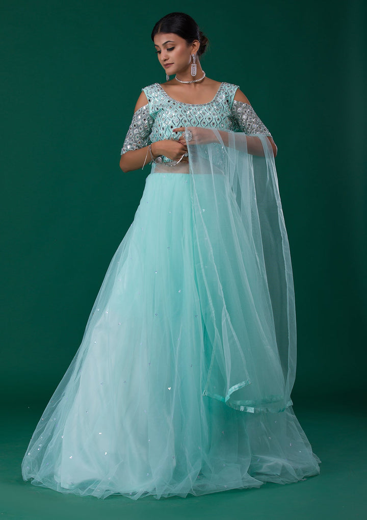 Sea Green Mirrorwork Net Designer Gown-Koskii