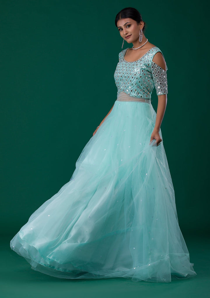 Sea Green Mirrorwork Net Designer Gown-Koskii