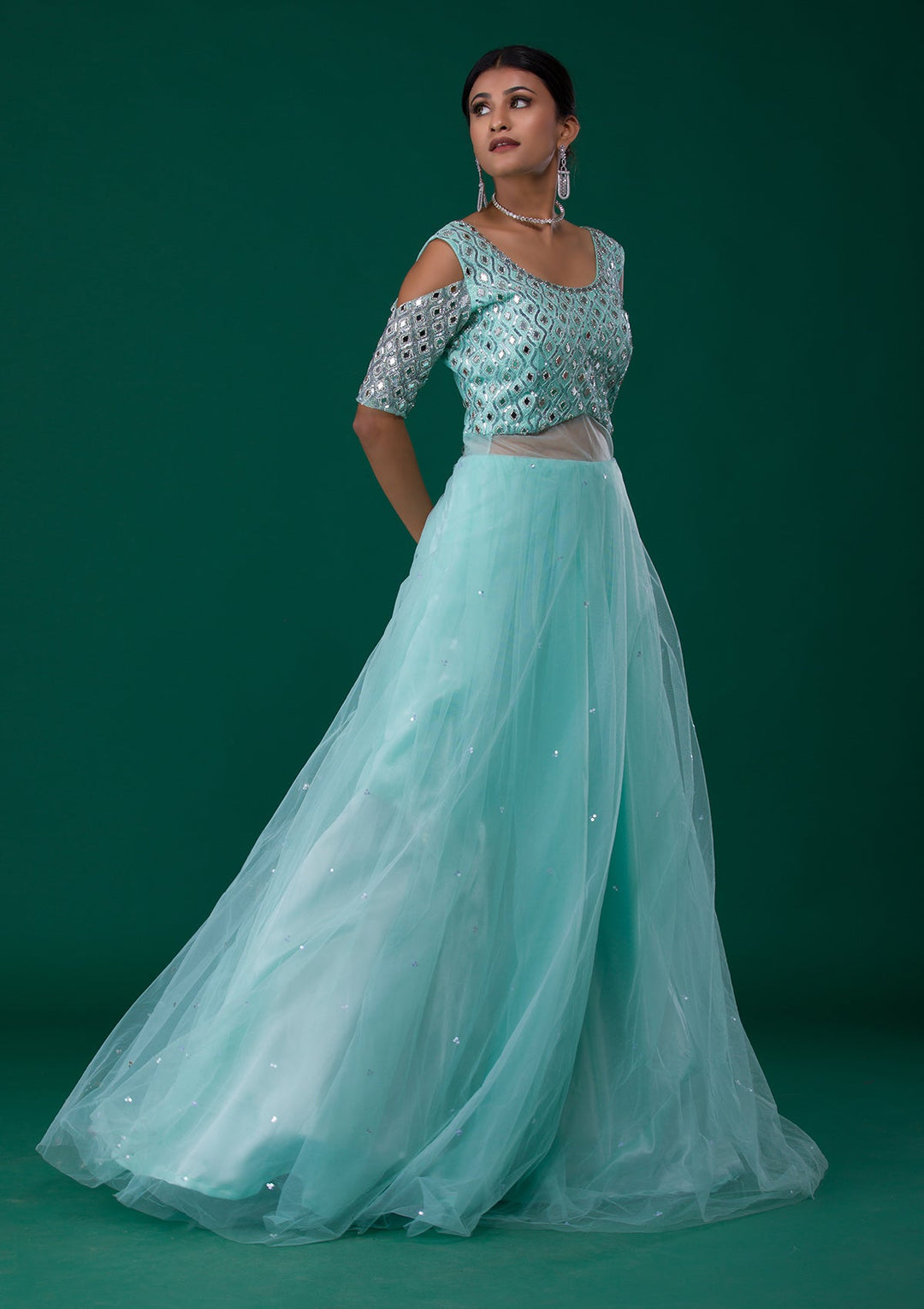Sea Green Mirrorwork Net Designer Gown-Koskii