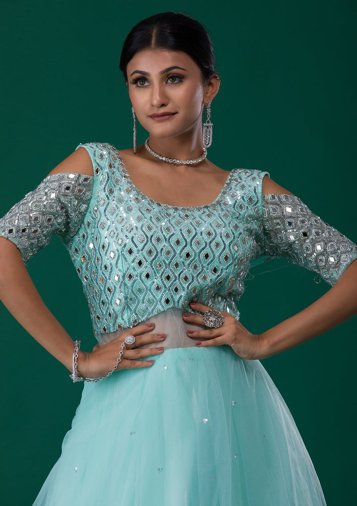 Sea Green Mirrorwork Net Designer Gown-Koskii