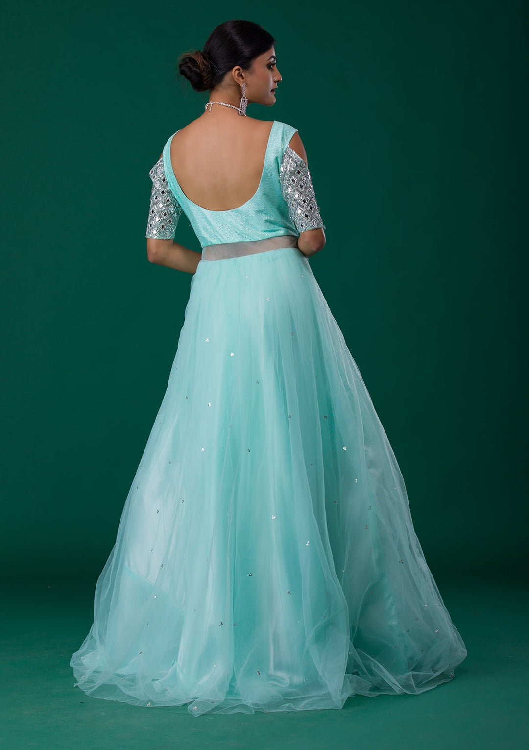 Sea Green Mirrorwork Net Designer Gown-Koskii