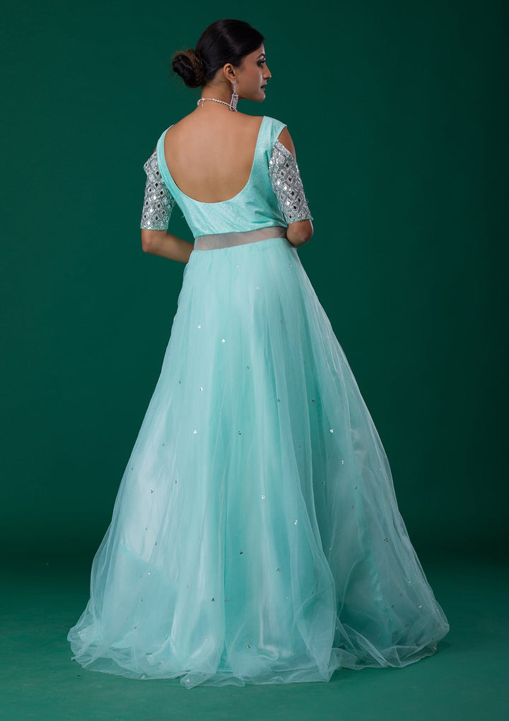 Sea Green Mirrorwork Net Designer Gown-Koskii
