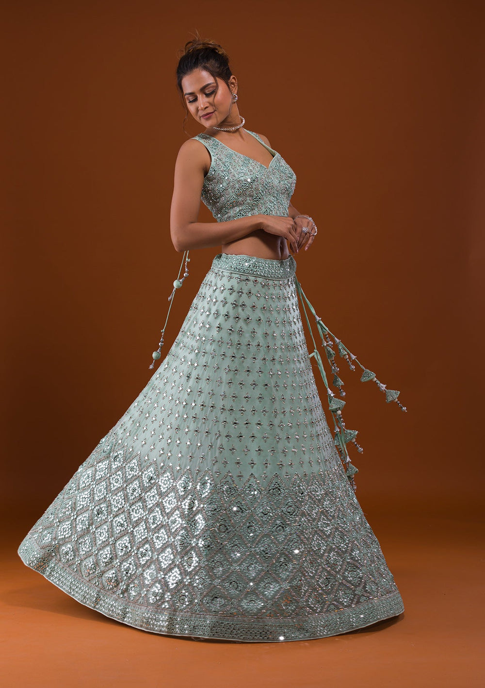 Sea Green Mirrorwork Net Designer Lehenga-Koskii