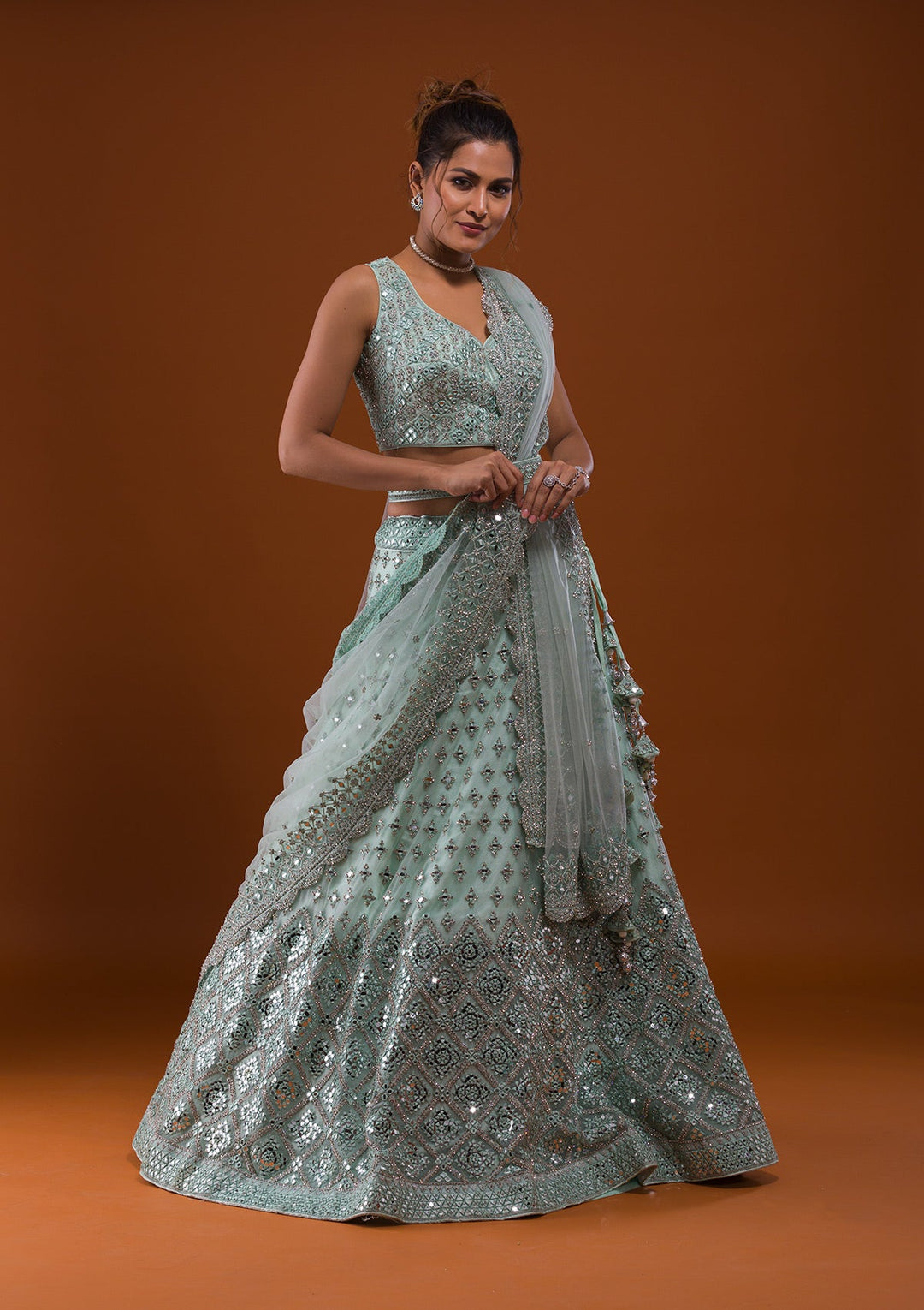 Sea Green Mirrorwork Net Designer Lehenga-Koskii