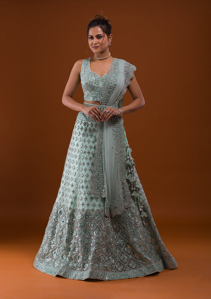 Sea Green Mirrorwork Net Designer Lehenga-Koskii