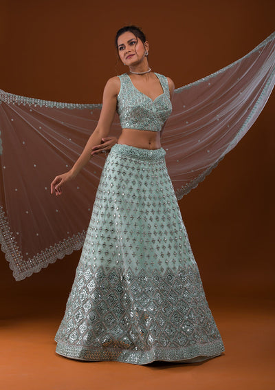 Sea Green Mirrorwork Net Designer Lehenga-Koskii
