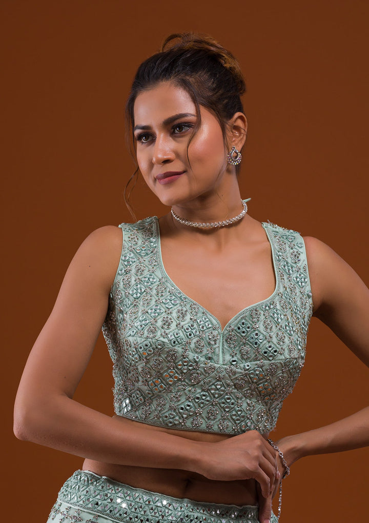 Sea Green Mirrorwork Net Designer Lehenga-Koskii