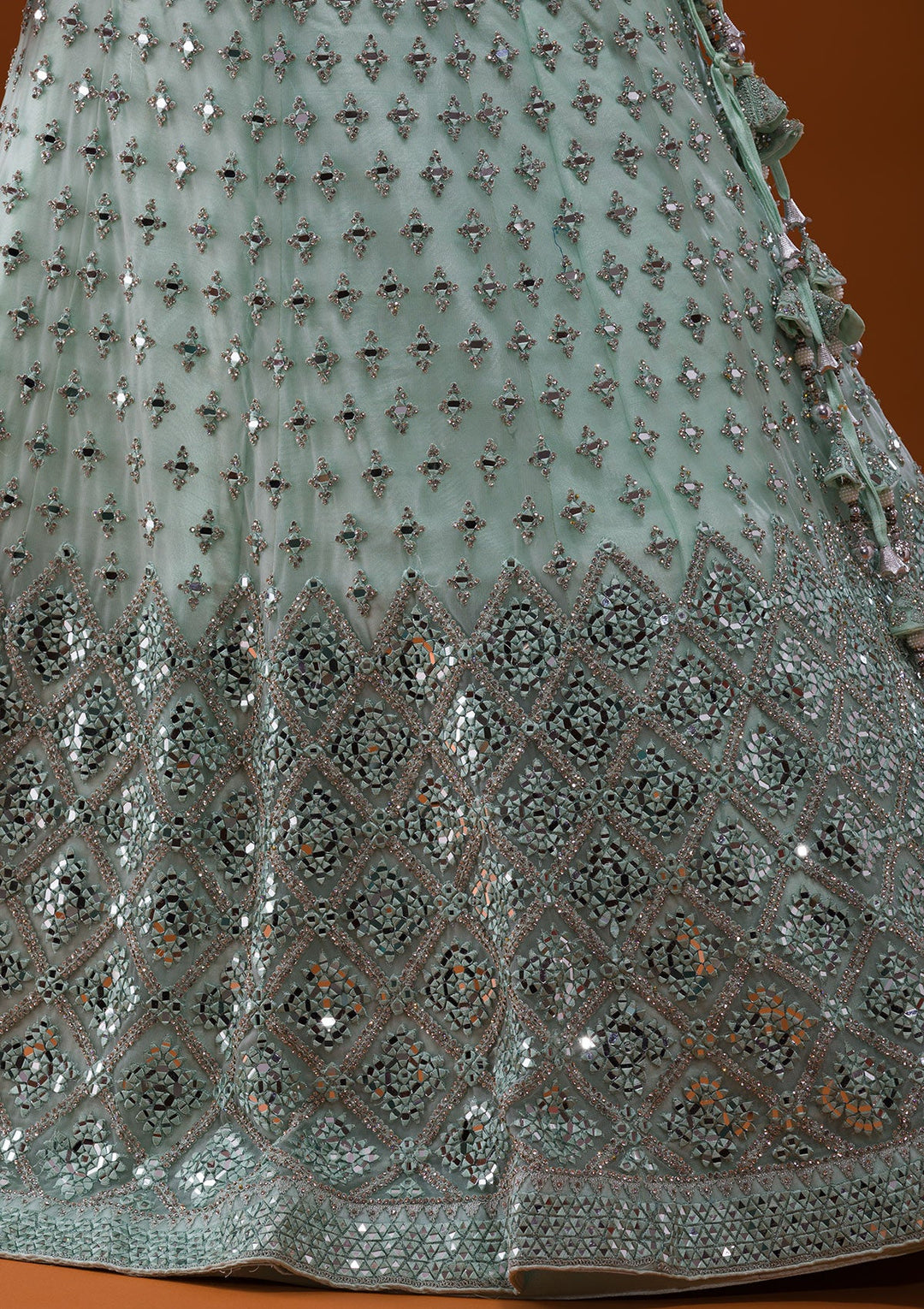 Sea Green Mirrorwork Net Designer Lehenga-Koskii