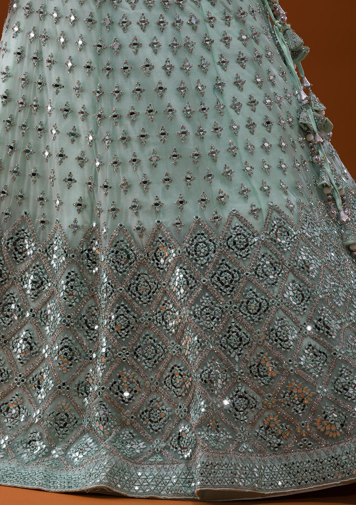 Sea Green Mirrorwork Net Designer Lehenga-Koskii