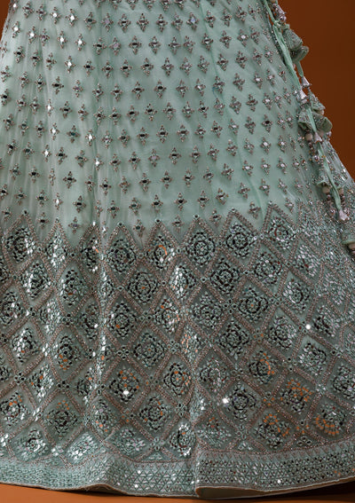 Sea Green Mirrorwork Net Designer Lehenga-Koskii