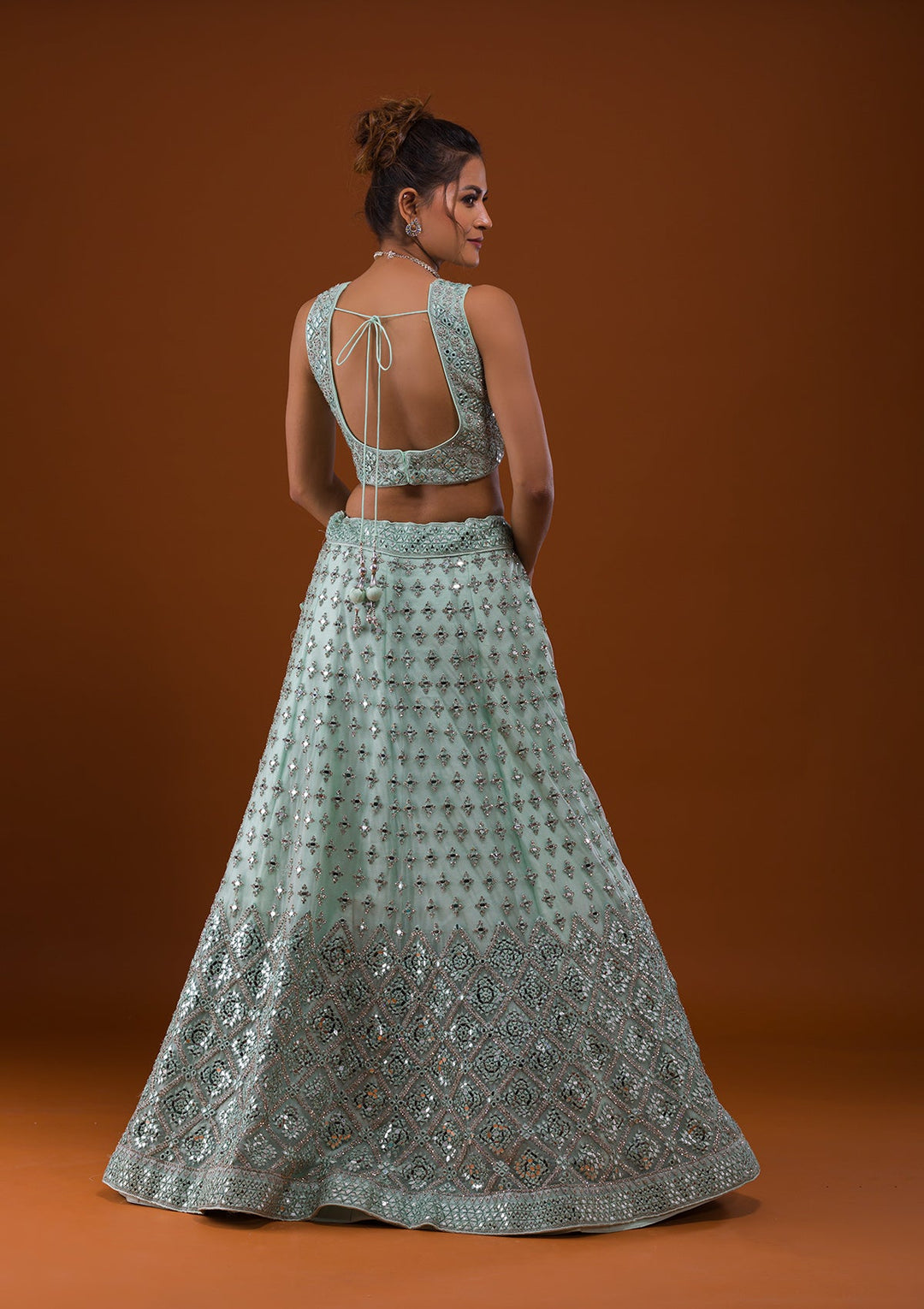 Sea Green Mirrorwork Net Designer Lehenga-Koskii