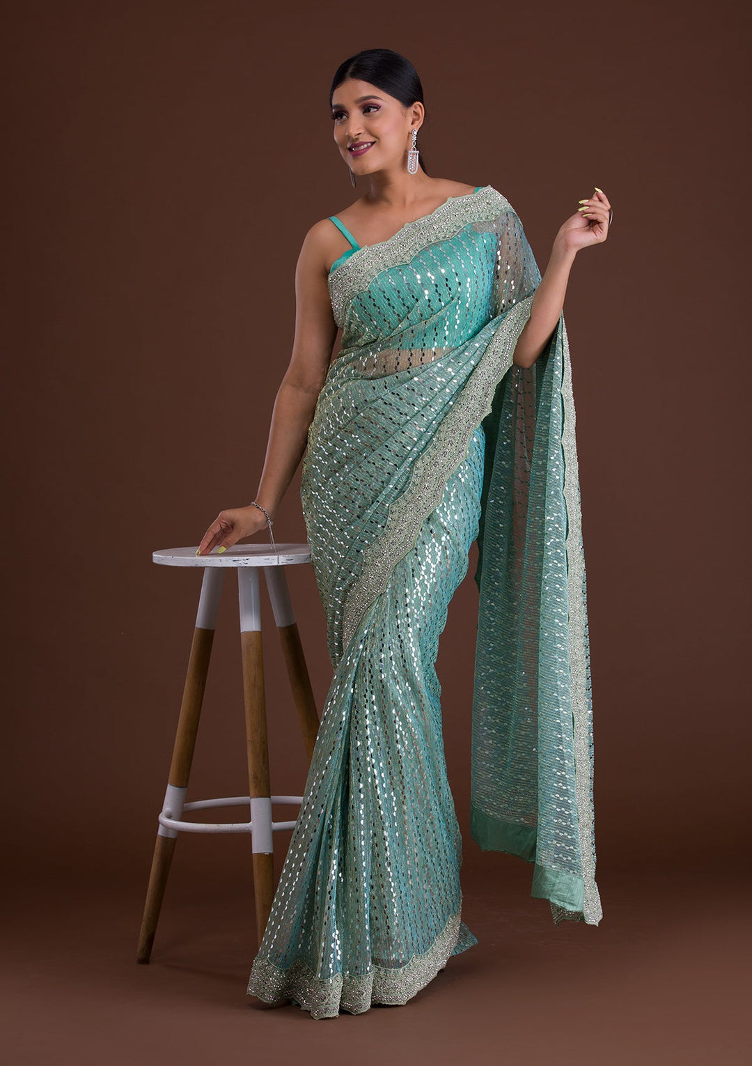 Sea Green Mirrorwork Net Saree-Koskii