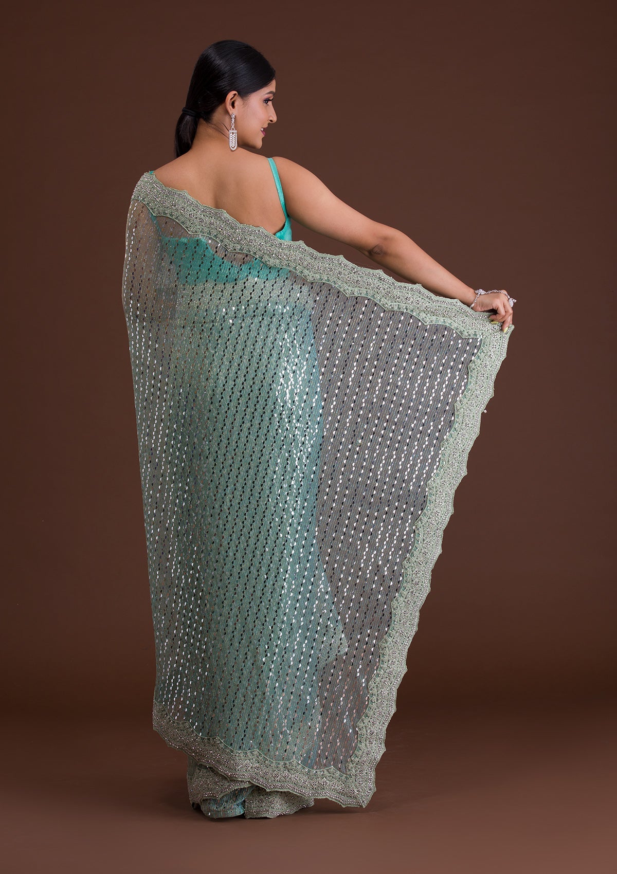 Sea Green Mirrorwork Net Saree-Koskii