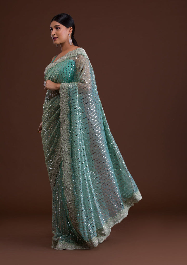 Sea Green Mirrorwork Net Saree-Koskii