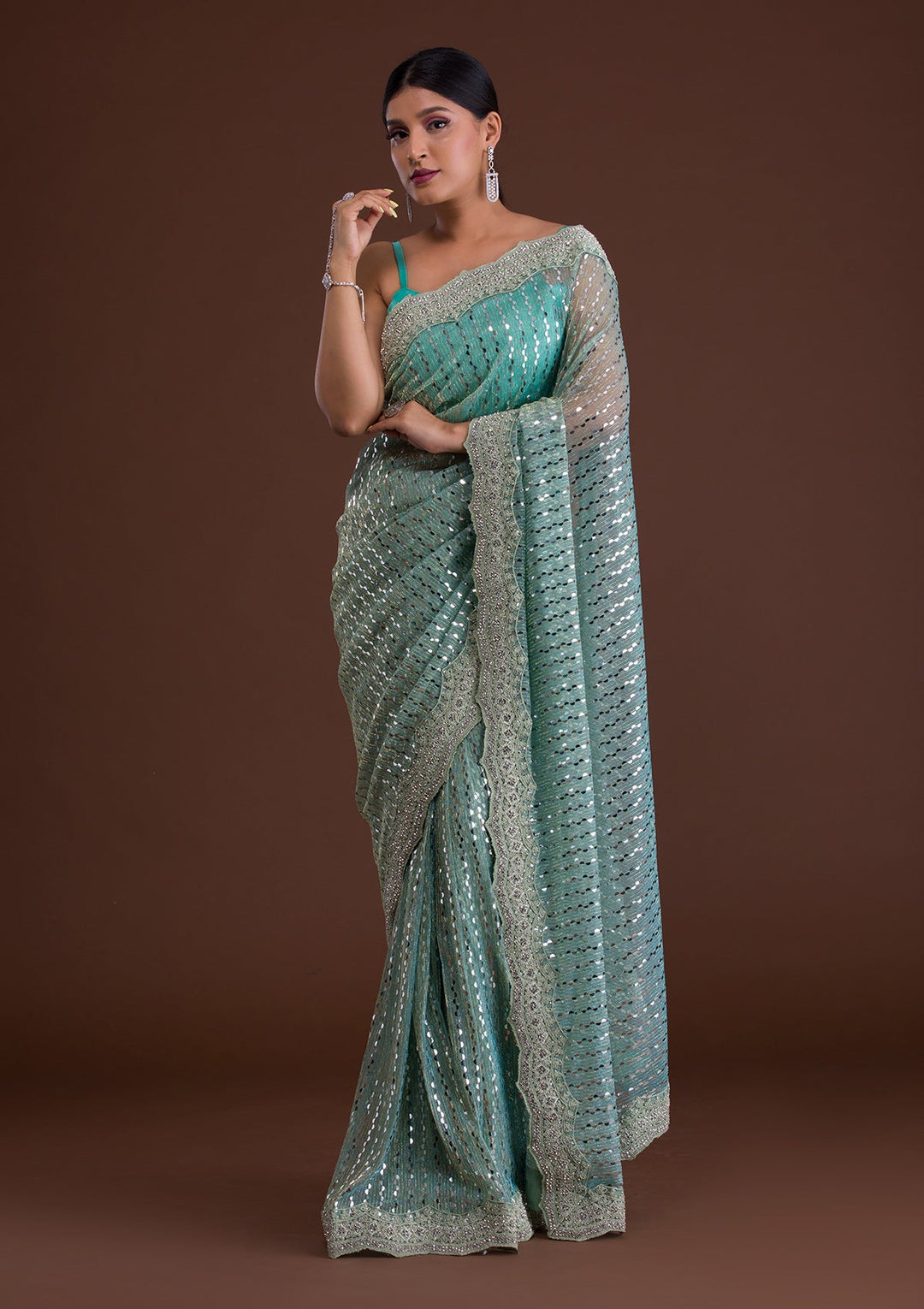 Sea Green Mirrorwork Net Saree-Koskii