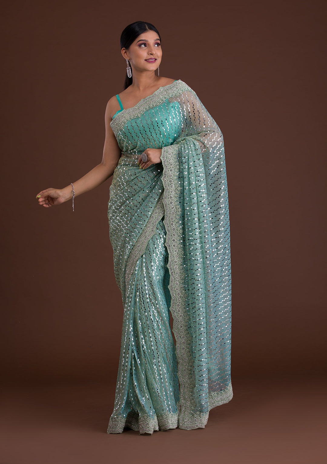 Sea Green Mirrorwork Net Saree-Koskii