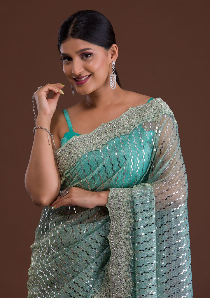 Sea Green Mirrorwork Net Saree-Koskii
