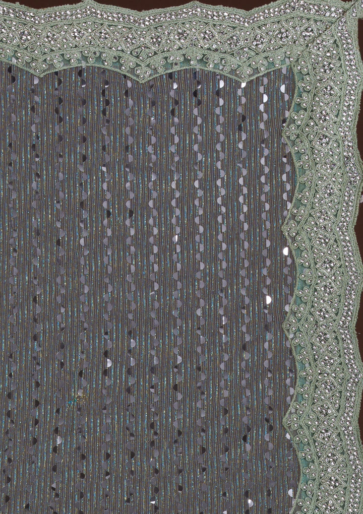 Sea Green Mirrorwork Net Saree-Koskii