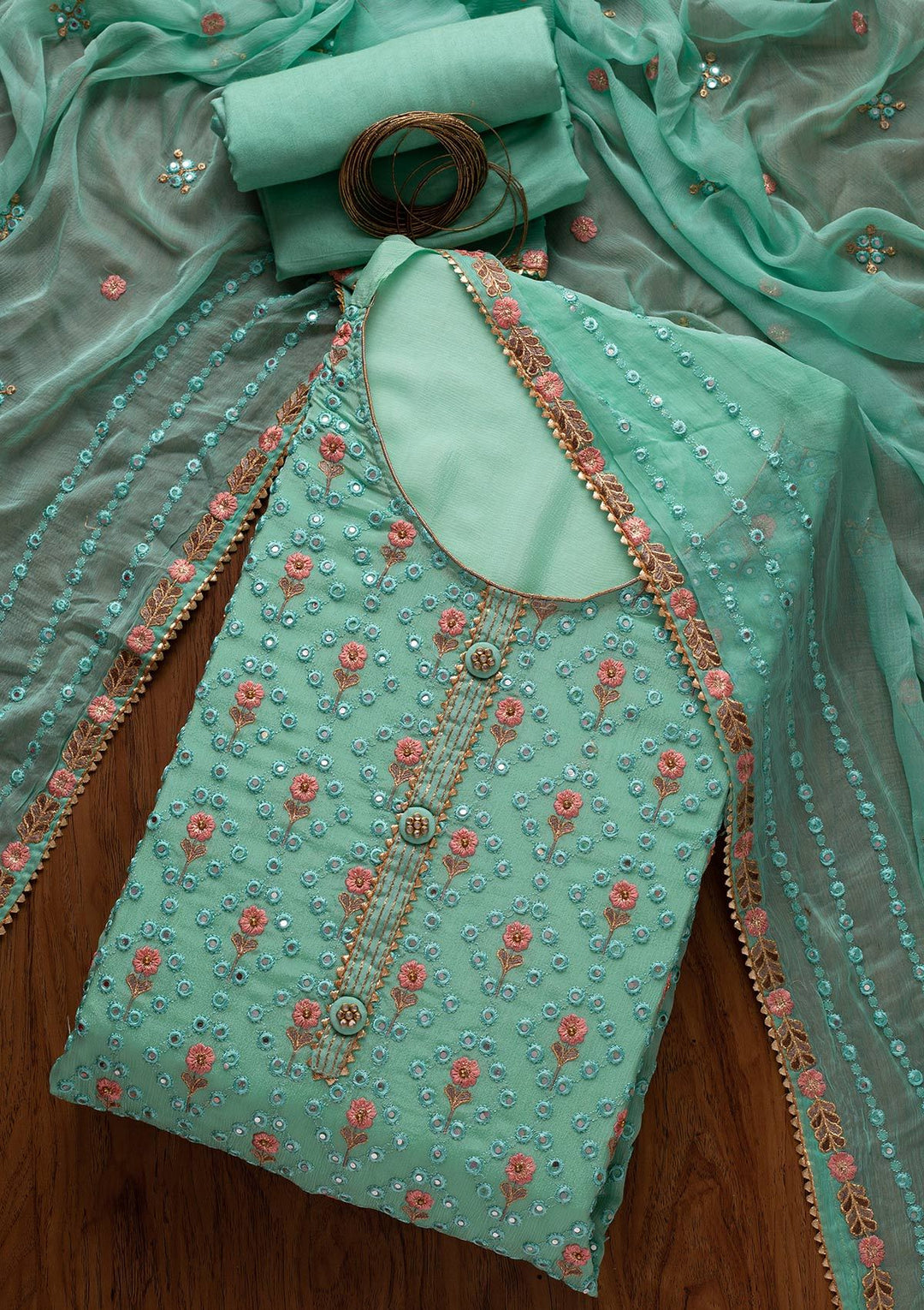 Sea Green Mirrorwork Semi Crepe Designer Semi-Stitched Salwar Suit - koskii
