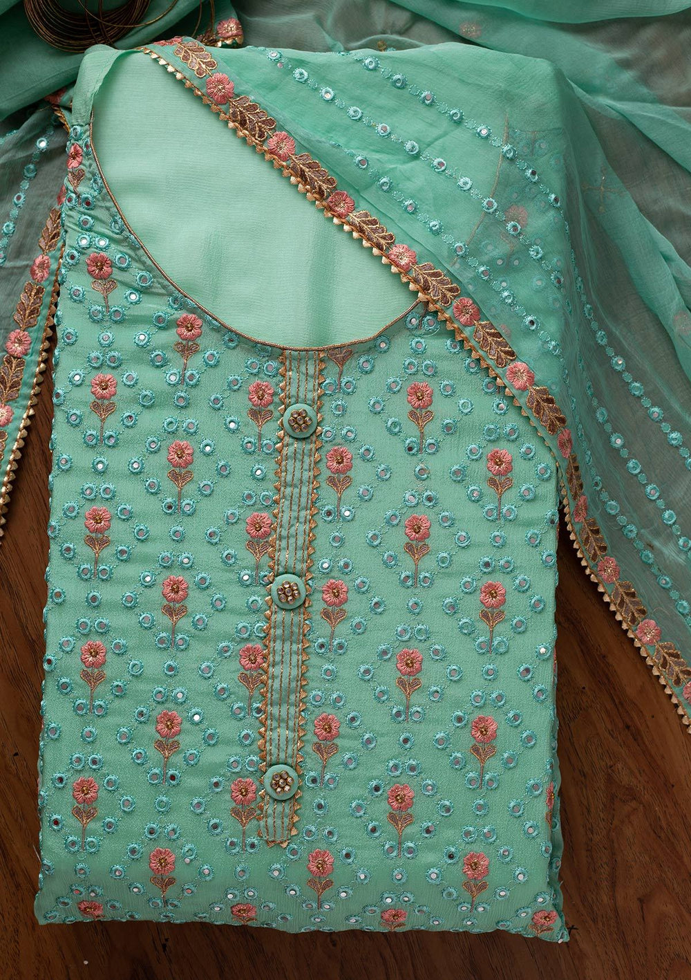 Sea Green Mirrorwork Semi Crepe Designer Semi-Stitched Salwar Suit - koskii