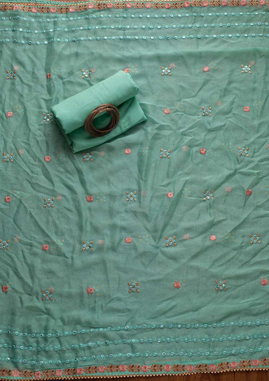 Sea Green Mirrorwork Semi Crepe Designer Semi-Stitched Salwar Suit - koskii