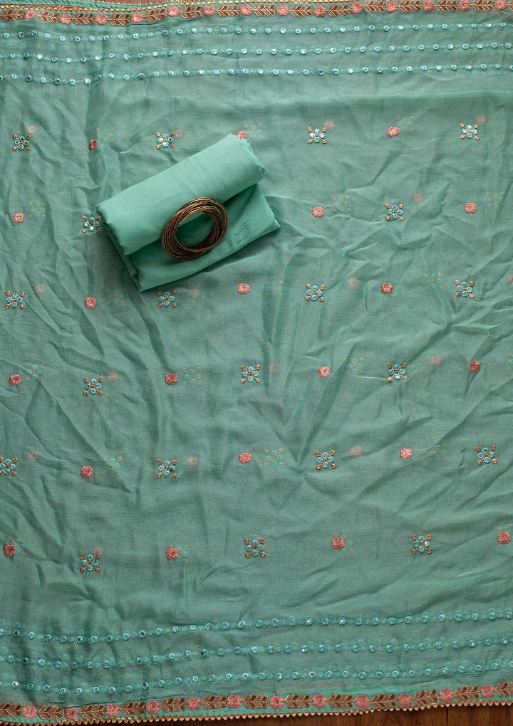 Sea Green Mirrorwork Semi Crepe Designer Semi-Stitched Salwar Suit - koskii