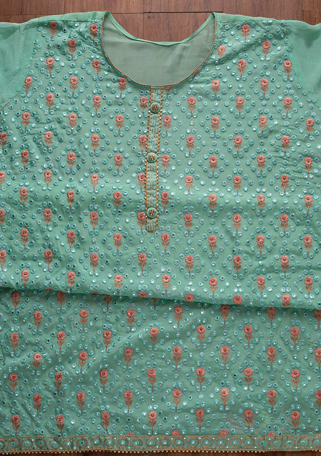 Sea Green Mirrorwork Semi Crepe Designer Semi-Stitched Salwar Suit - koskii