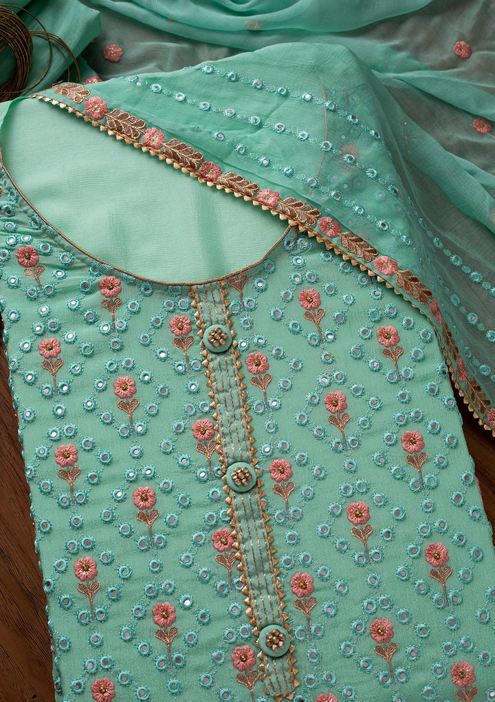 Sea Green Mirrorwork Semi Crepe Designer Semi-Stitched Salwar Suit - koskii