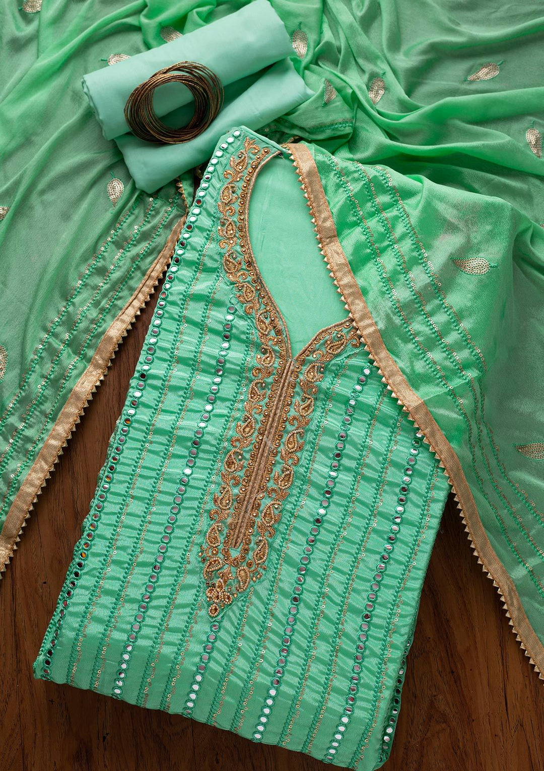 Sea Green Mirrorwork Semi Crepe Designer Unstitched Salwar Suit - koskii