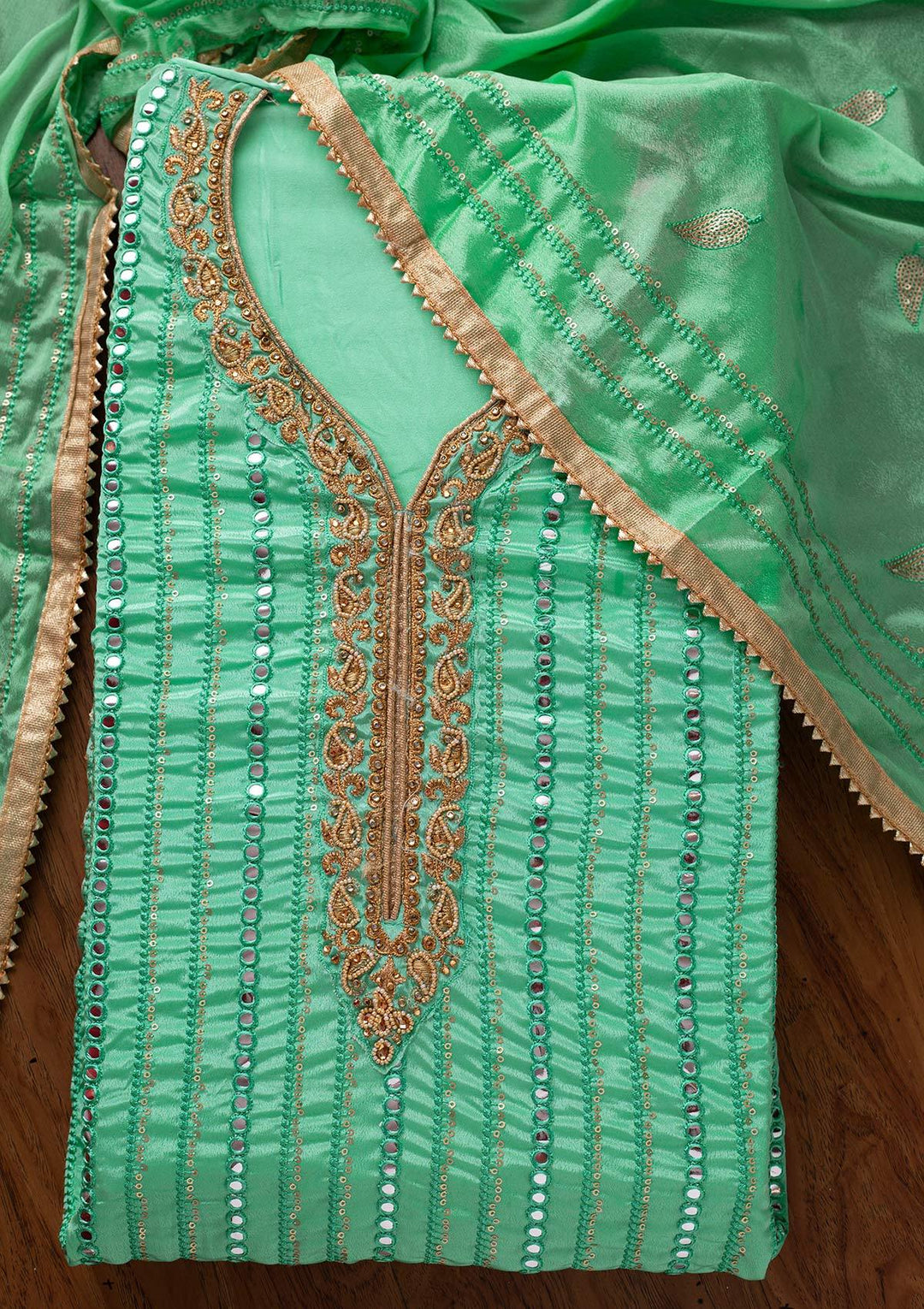 Sea Green Mirrorwork Semi Crepe Designer Unstitched Salwar Suit - koskii