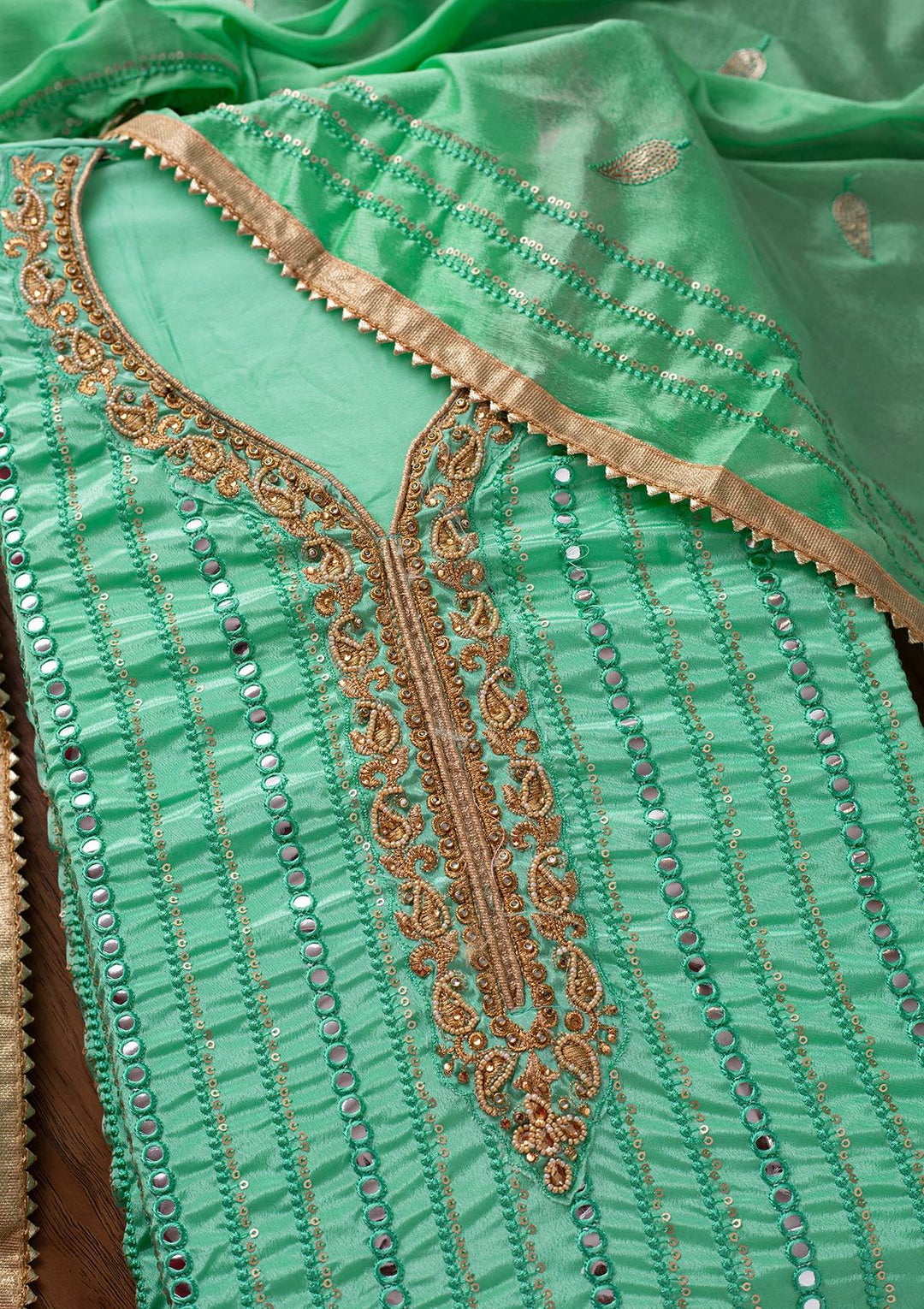Sea Green Mirrorwork Semi Crepe Designer Unstitched Salwar Suit - koskii