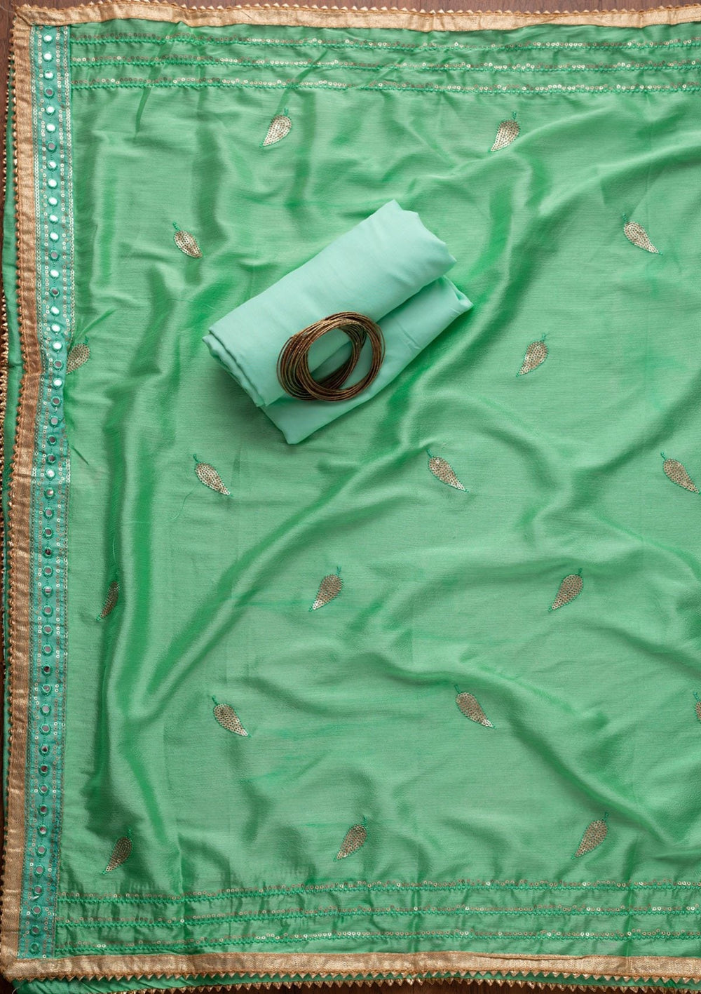 Sea Green Mirrorwork Semi Crepe Designer Unstitched Salwar Suit - koskii
