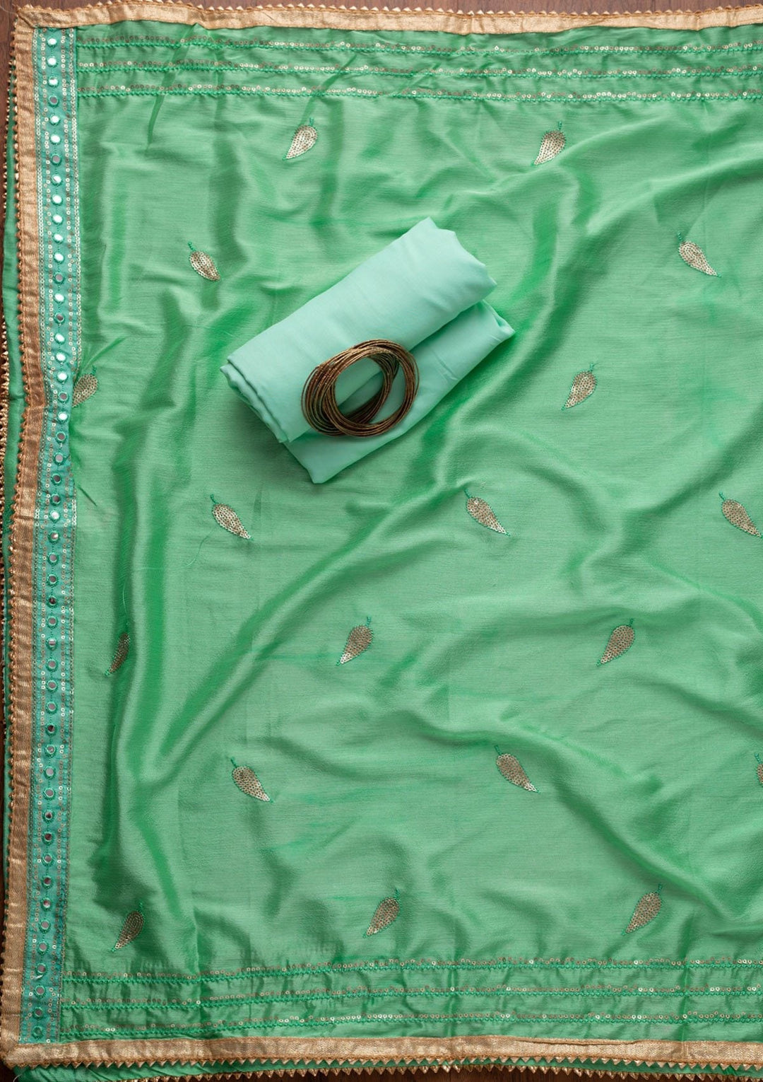 Sea Green Mirrorwork Semi Crepe Designer Unstitched Salwar Suit - koskii