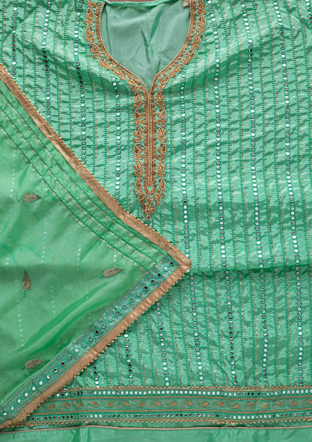 Sea Green Mirrorwork Semi Crepe Designer Unstitched Salwar Suit - koskii