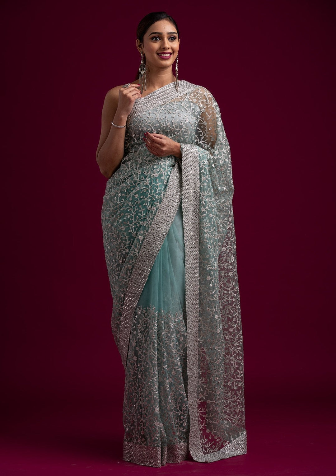 Sea Green Silver Zariwork Net Designer Saree - koskii