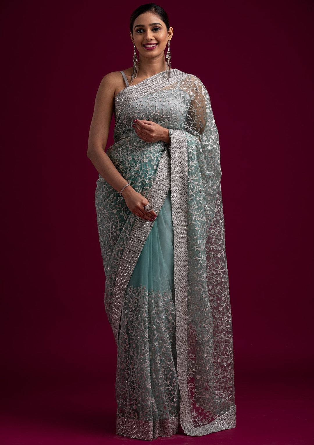 Sea Green Silver Zariwork Net Designer Saree - koskii