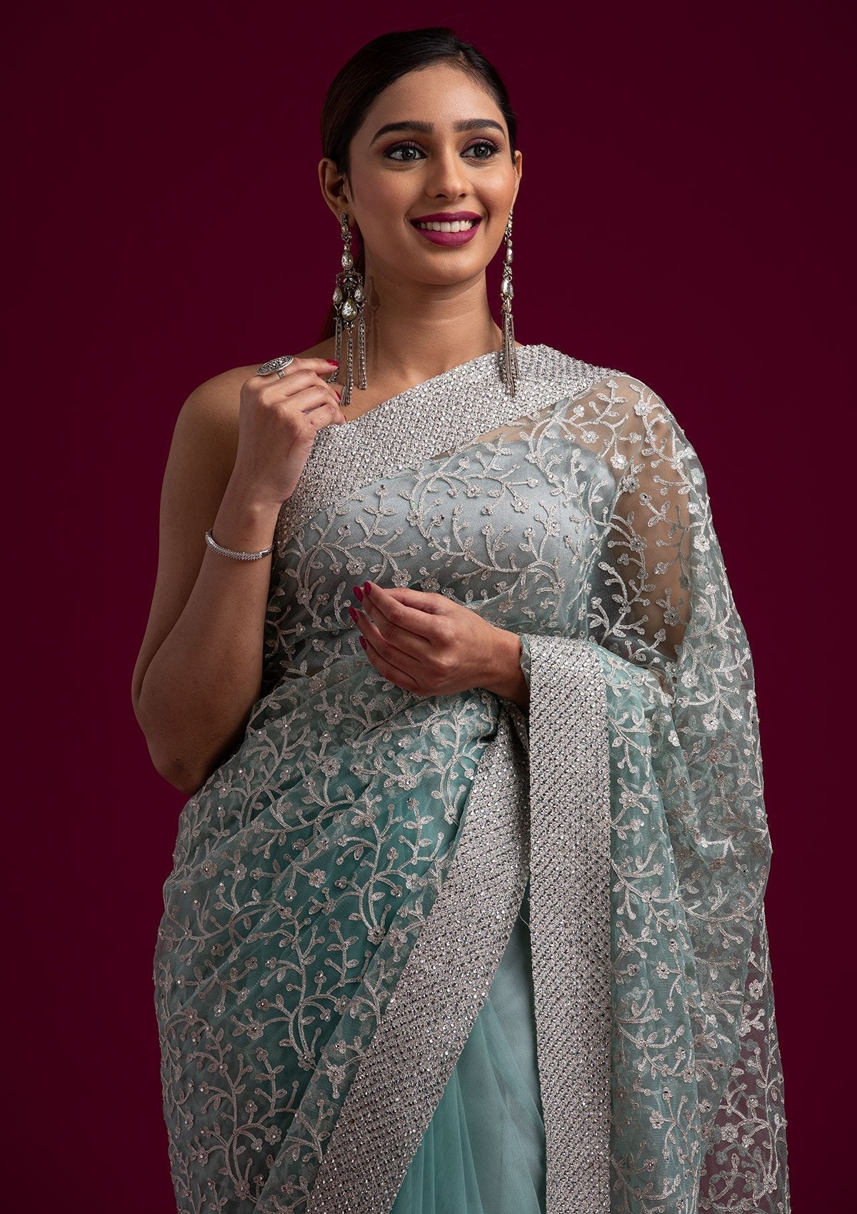 Buy Sea Green Silver Zariwork Net Designer Saree - Koskii