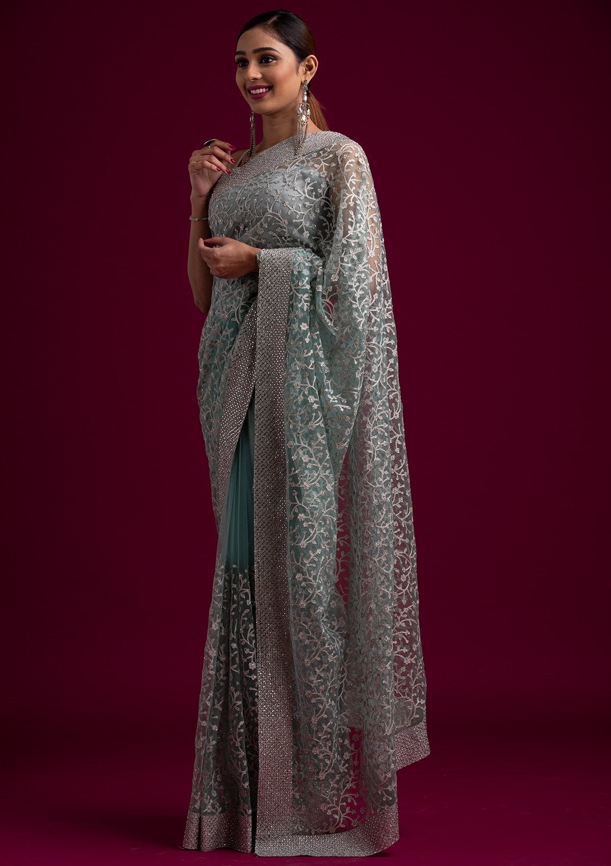 Buy Sea Green Silver Zariwork Net Designer Saree - Koskii
