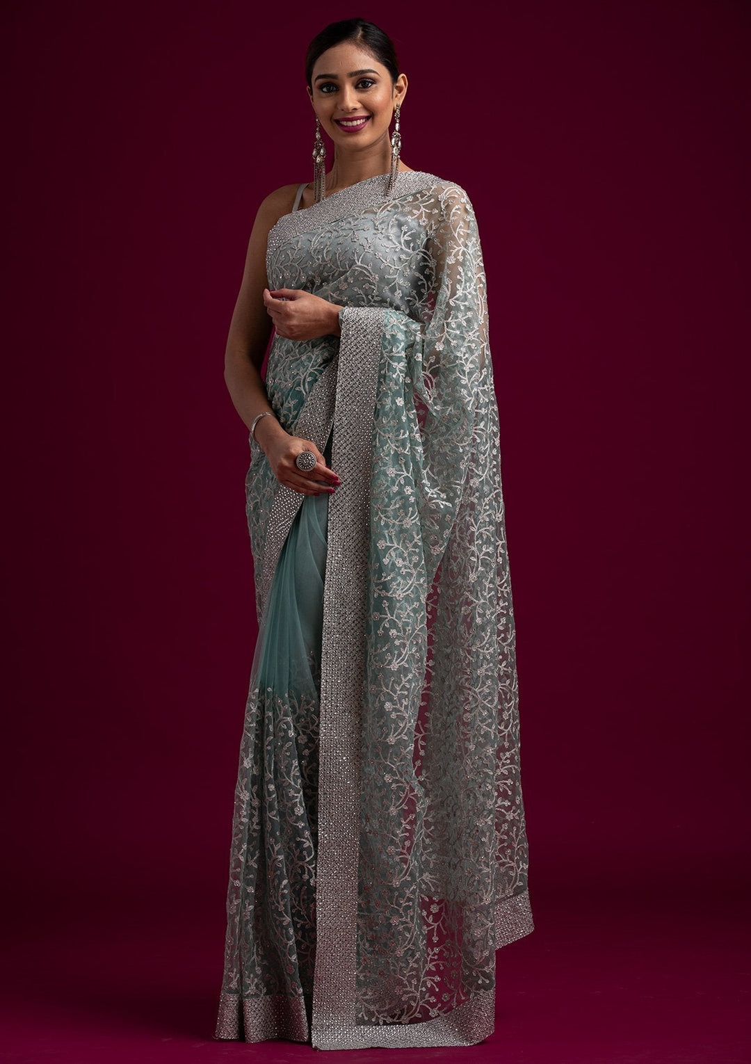 Sea Green Silver Zariwork Net Designer Saree - koskii