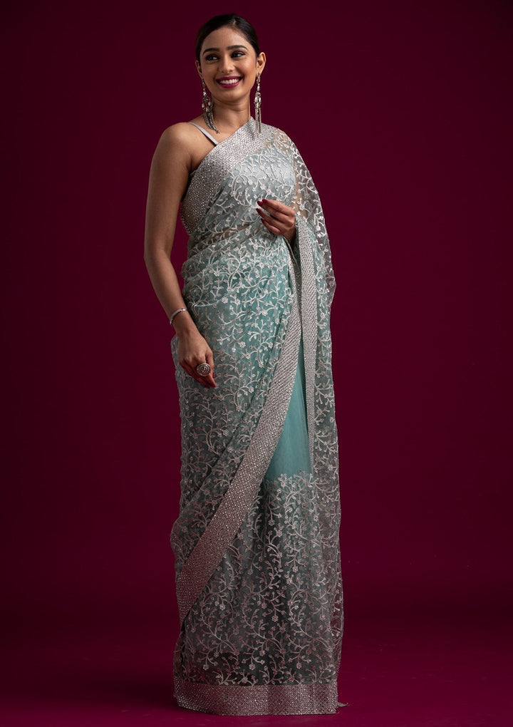 Sea Green Silver Zariwork Net Designer Saree - koskii