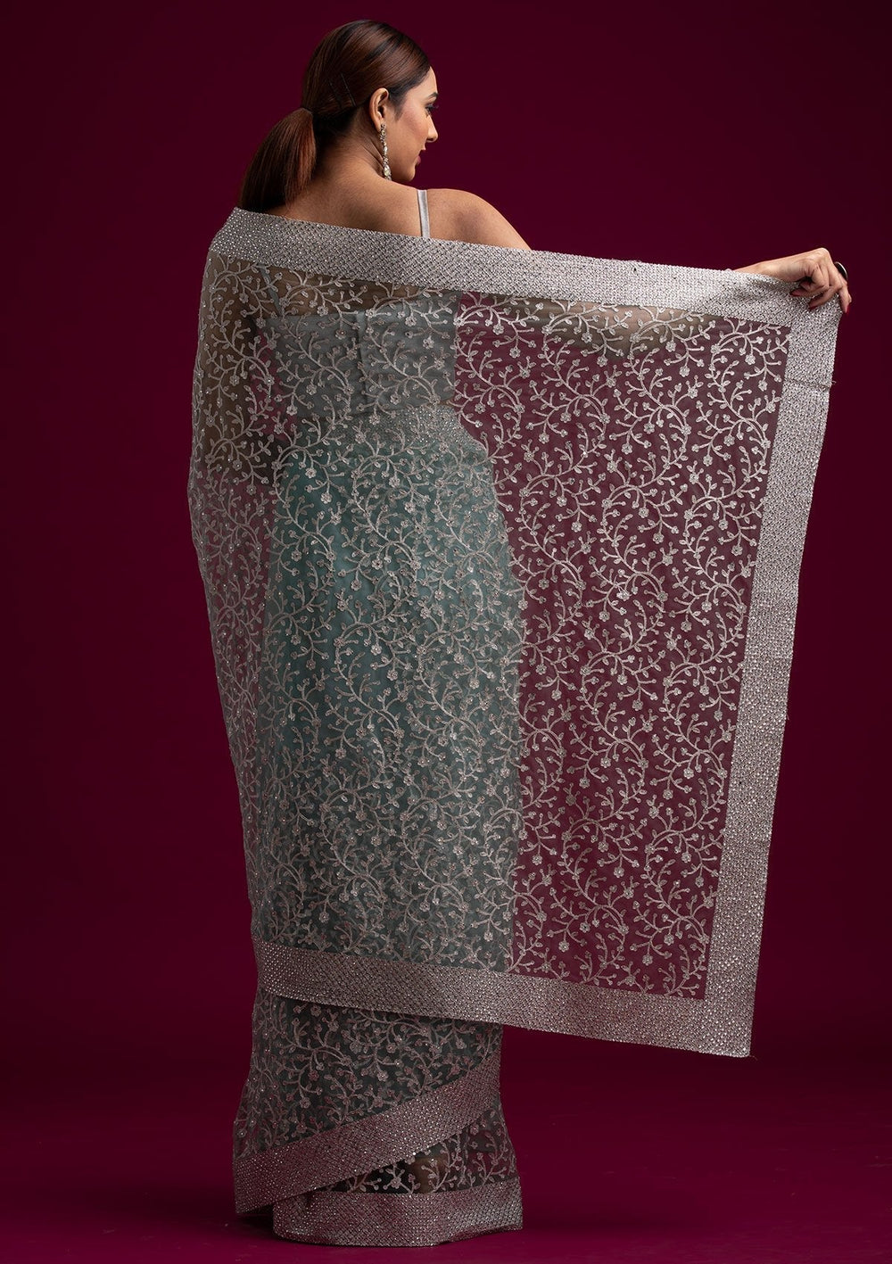 Sea Green Silver Zariwork Net Designer Saree - koskii